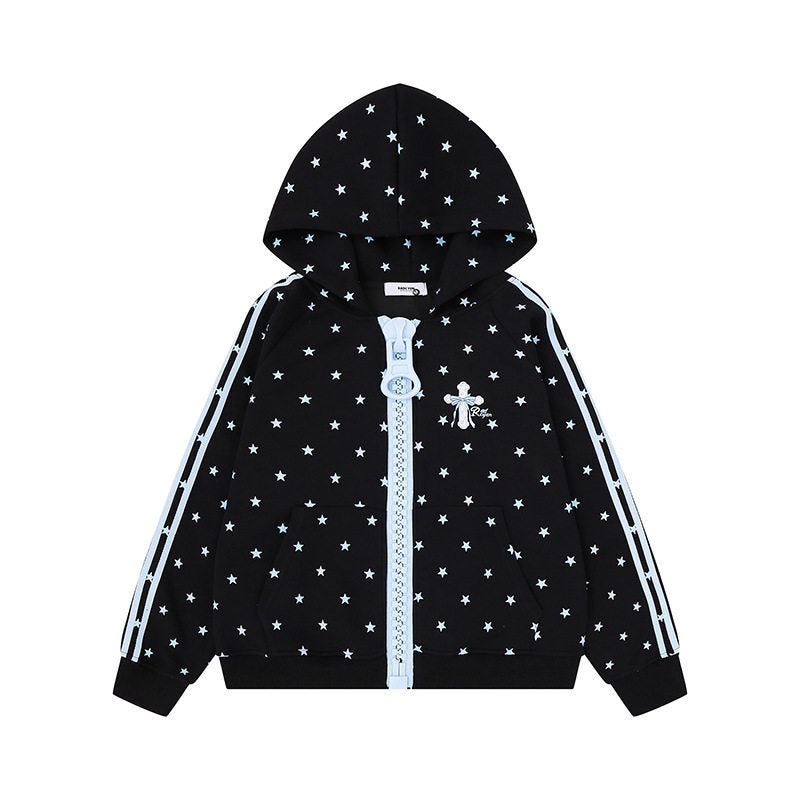 Damen Kapuzen-Sweatjacke mit Sternen-Allover, breitem Kontrastreißverschluss und seitlichen Streifen Nord Taschen