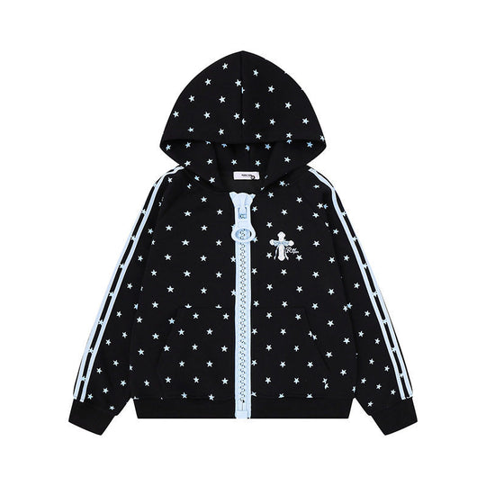 Damen Kapuzen-Sweatjacke mit Sternen-Allover, breitem Kontrastreißverschluss und seitlichen Streifen Nord Taschen