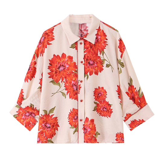Damen Leichte Oversize‑Bluse mit Dreiviertelärmeln und großem Blumenprint Nord Taschen
