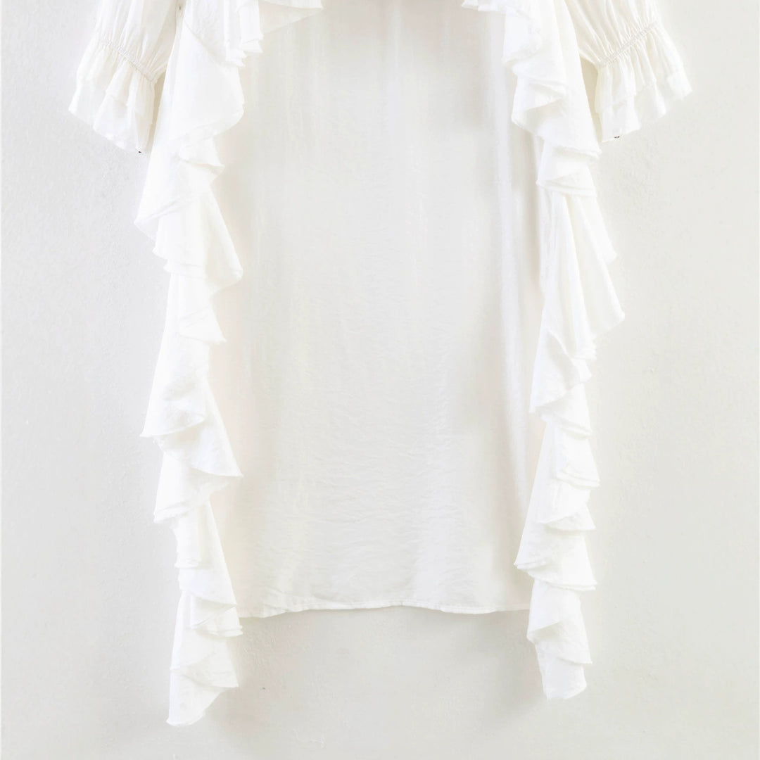 Damen Maxikleid mit asymmetrischem Volantbesatz, V-Ausschnitt und langen Rüschenärmeln Nord Taschen
