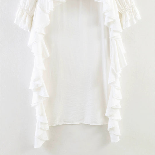 Damen Maxikleid mit asymmetrischem Volantbesatz, V-Ausschnitt und langen Rüschenärmeln Nord Taschen