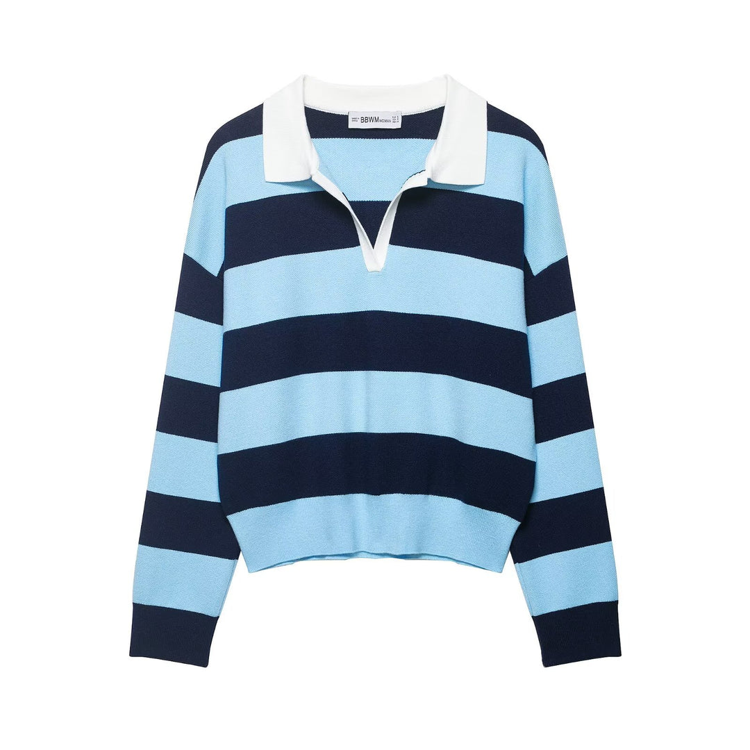 Damen Gestreifter Rugby-Polo-Pullover mit V-Notch und Cropped-Saum Nord Taschen