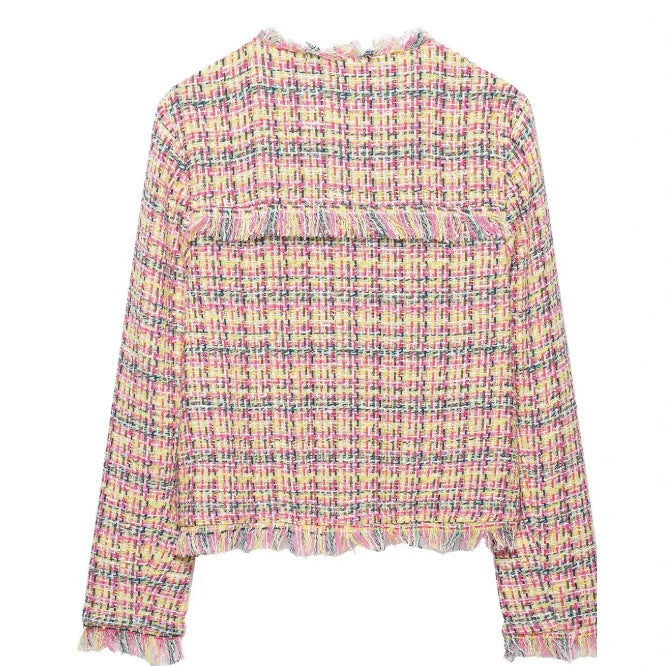 Damen Cropped Bouclé‑Tweed‑Blazer im Chanelstil mit Fransenabschlüssen Nord Taschen