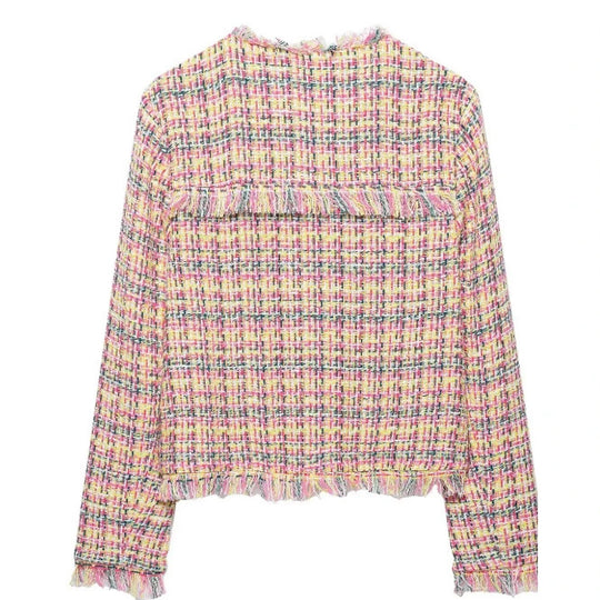 Damen Cropped Bouclé‑Tweed‑Blazer im Chanelstil mit Fransenabschlüssen Nord Taschen