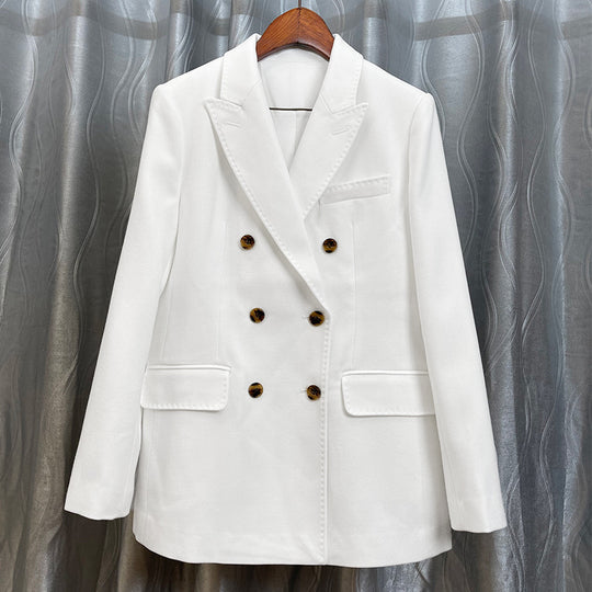Damen Doppelreihiger taillierter Wollblazer mit Struktur und verstärkten Schultern Nord Taschen