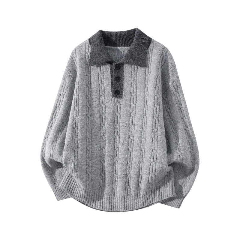Herren Oversize Zopfmuster-Polo-Strickpullover mit Kontrastkragen und Dreiknopfleiste Nord Taschen