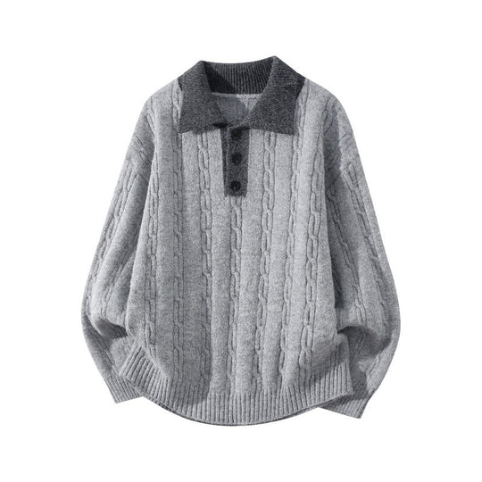 Herren Oversize Zopfmuster-Polo-Strickpullover mit Kontrastkragen und Dreiknopfleiste Nord Taschen