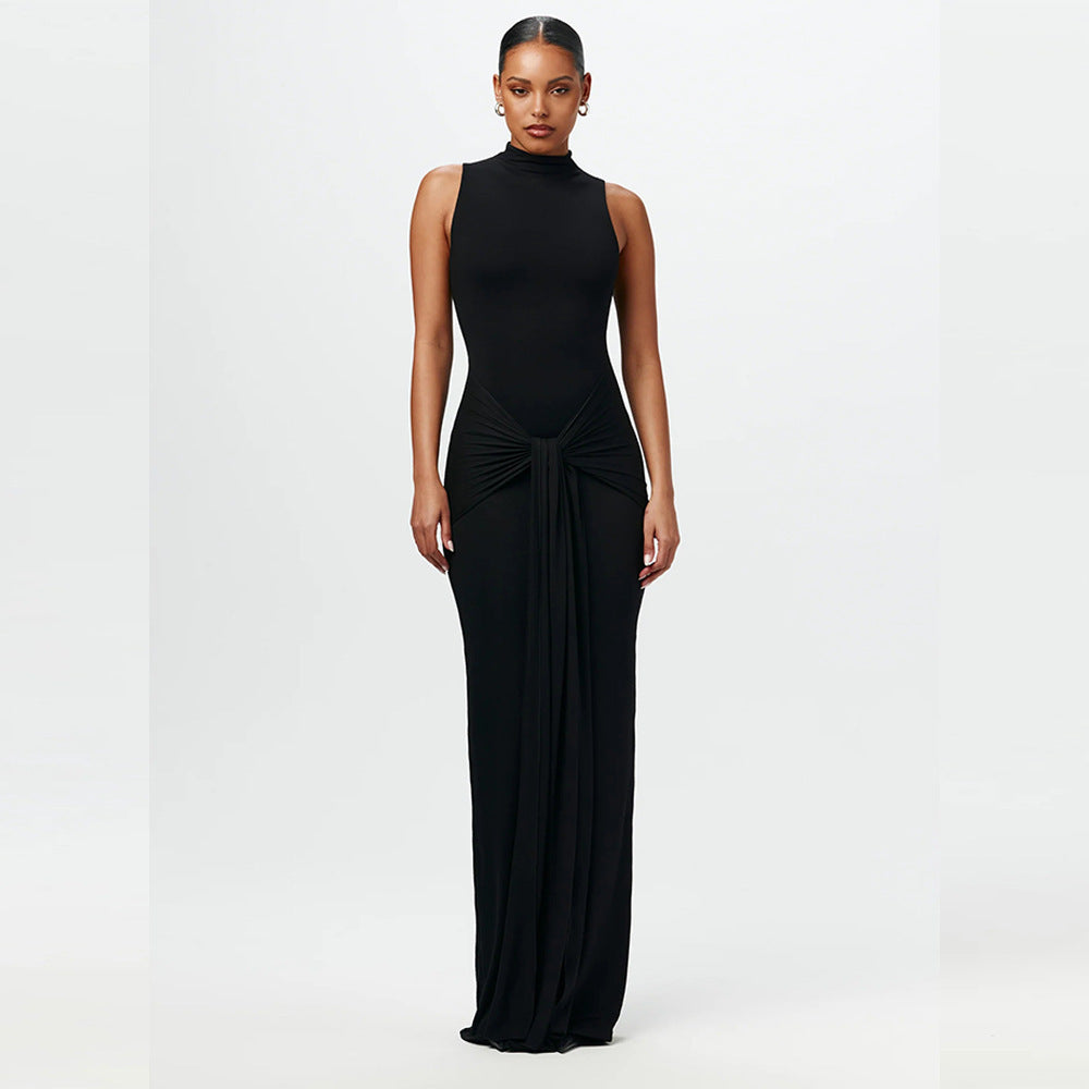 Damen Elegantes Maxikleid mit hochgeschlossenem Kragen und Drapierung Nord Taschen