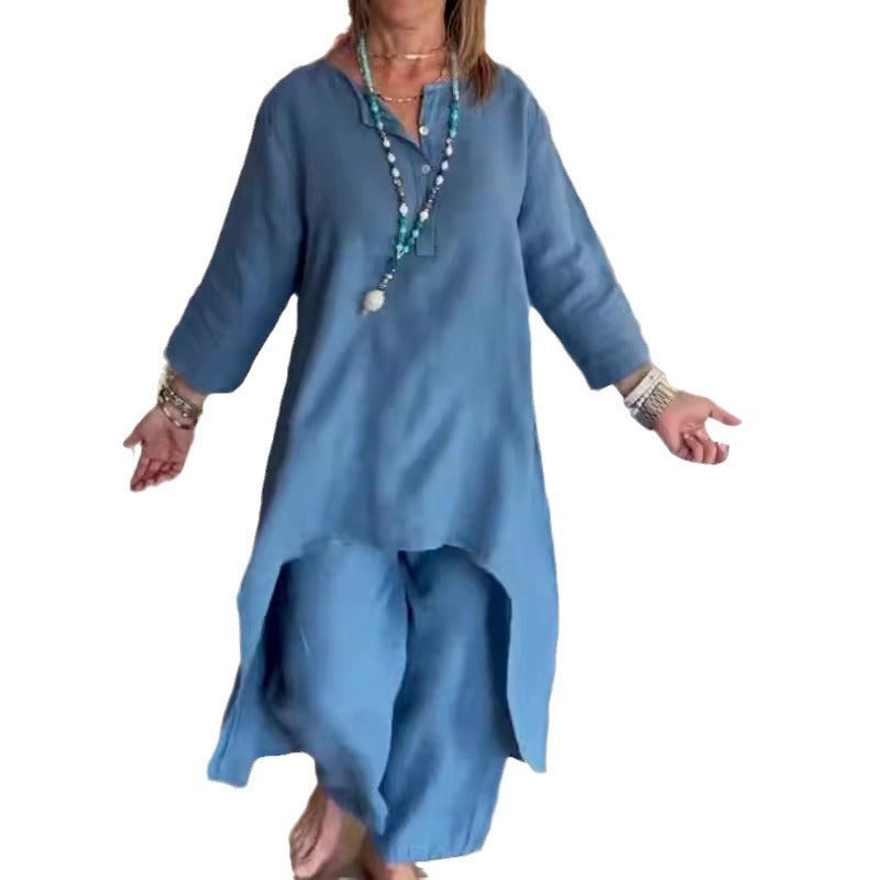 Damen Midilanges Leinen-Tunika-Set mit asymmetrischem Saum und weiter Palazzo-Hose Nord Taschen