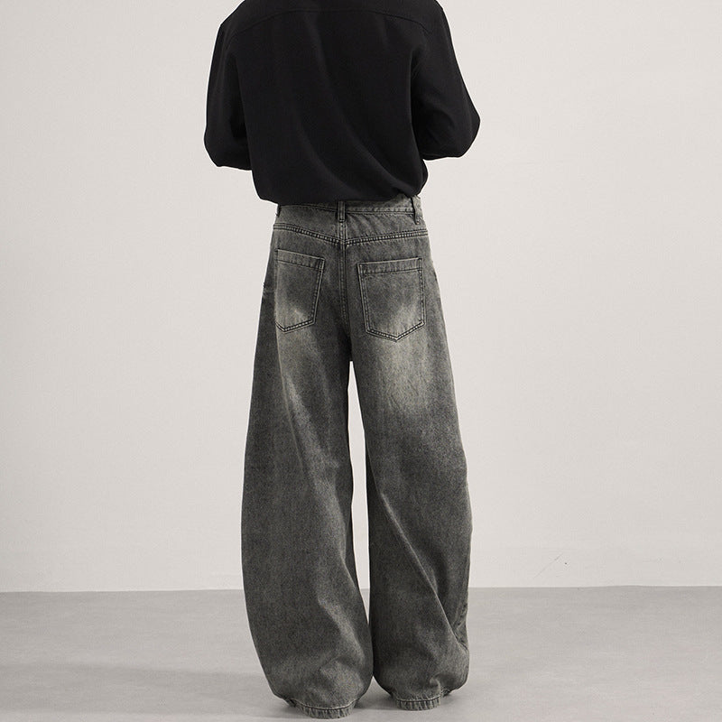 Herren Ultraweite vintagegewaschene Denim-Palazzohose mit tiefem Schritt und geradem Saum Nord Taschen