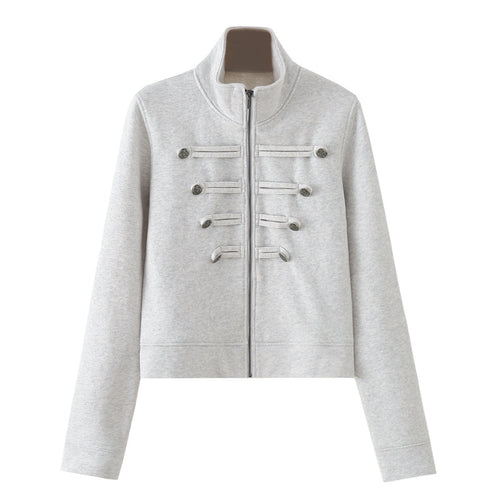 Damen Kurz geschnittene Sweatjacke mit Stehkragen und dekorativen Zierpaspeln Nord Taschen