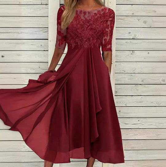 Damen nan elegantes Chiffon-Spitzenkleid mit Vokuhila-Überwurf und dreiviertelärmeln Arvani