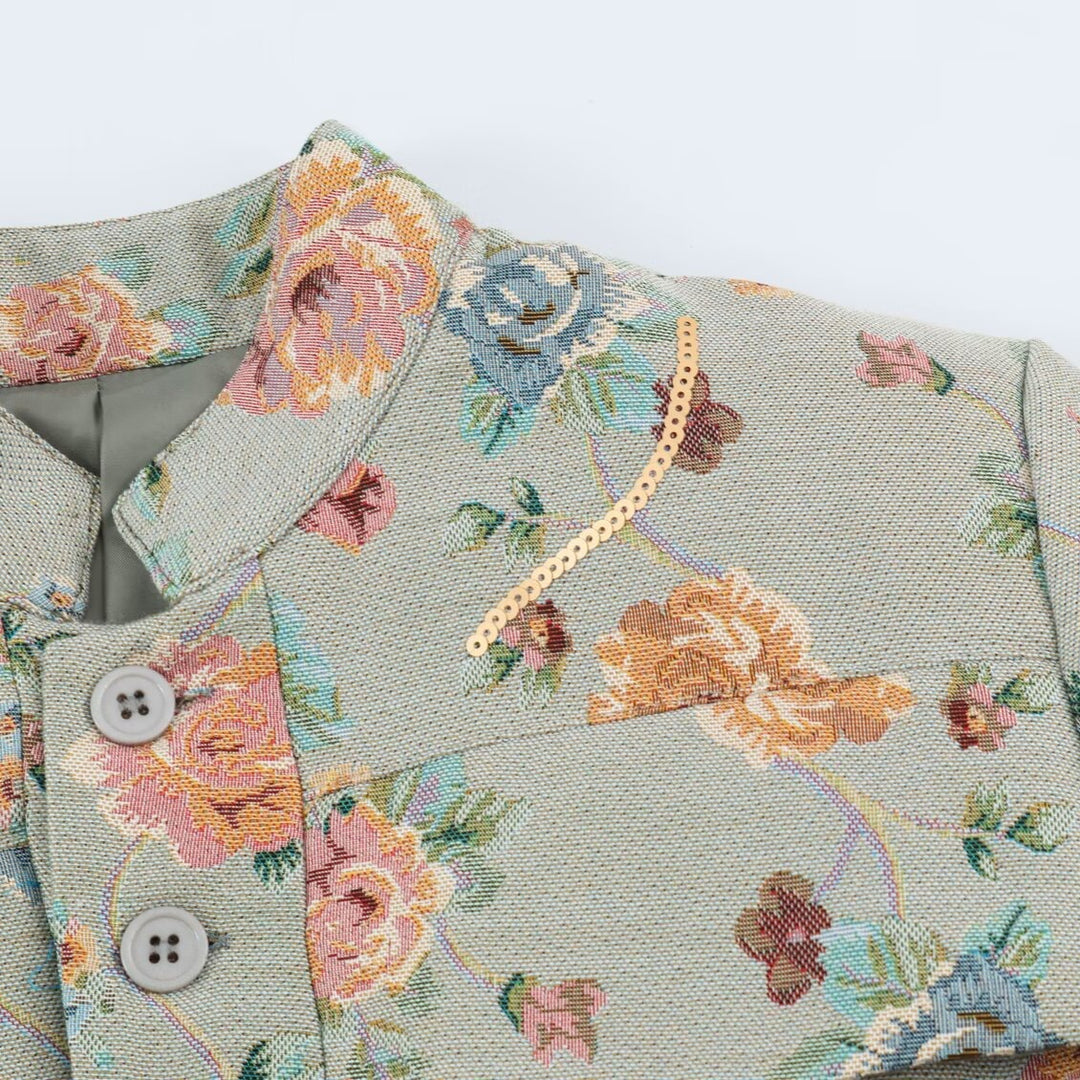Damen Bestickte Jacquard-Kurzjacke mit Mandarin-Kragen und aufgesetzten Klappentaschen Nord Taschen