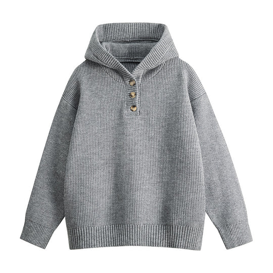 Damen Relaxed Kapuzenpullover aus geripptem Strick mit Halbsteg-Knopfleiste Nord Taschen