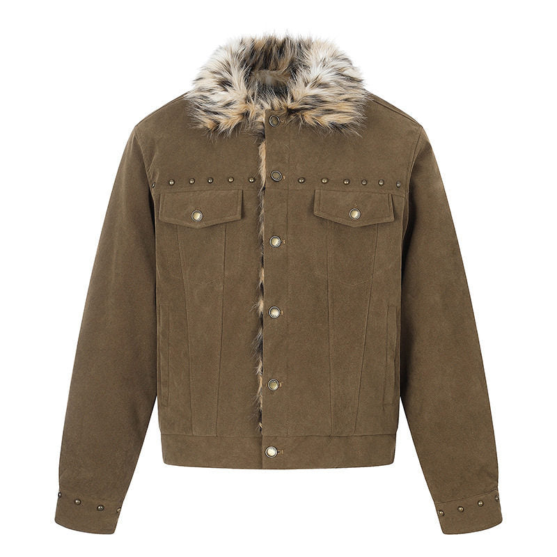 Herren Veloursleder-Truckerjacke mit Kunstfellkragen, Nietenbesatz und Druckknopfverschluss Nord Taschen