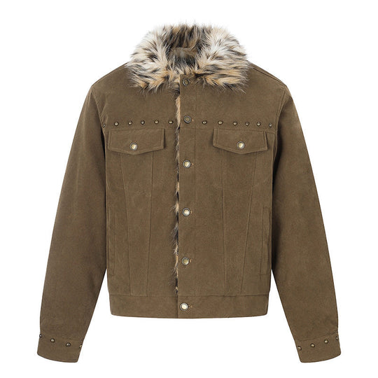 Herren Veloursleder-Truckerjacke mit Kunstfellkragen, Nietenbesatz und Druckknopfverschluss Nord Taschen