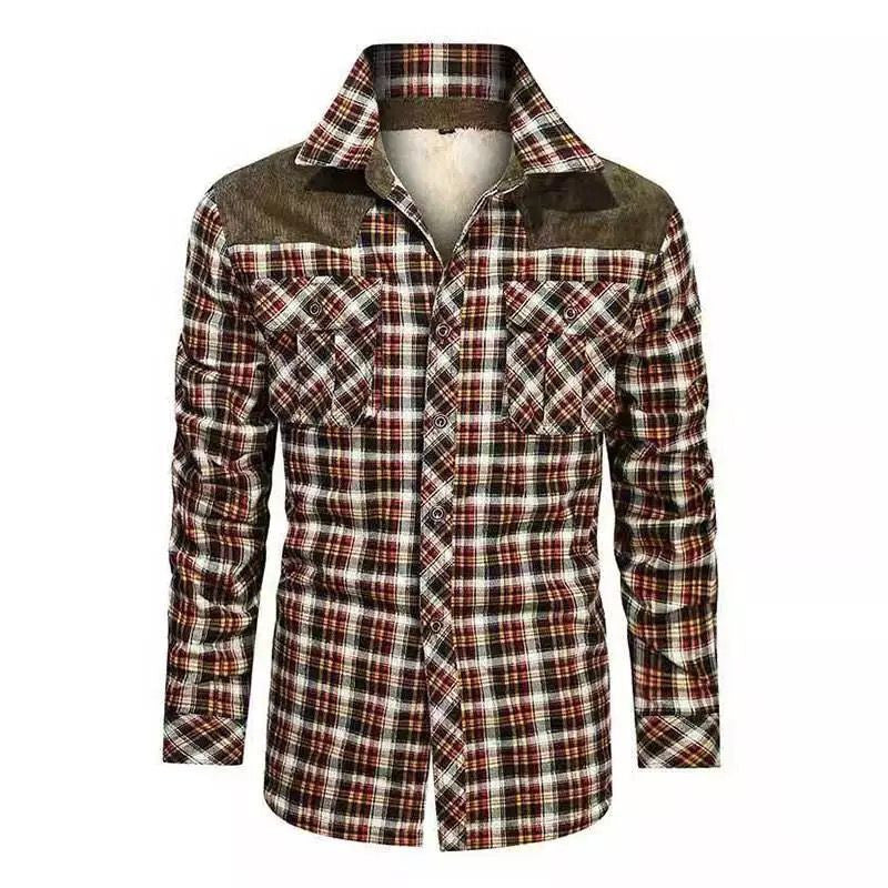 Herren Karo-Hemdjacke mit Teddyfutter, Samtbesatz und Brusttaschen Nord Taschen