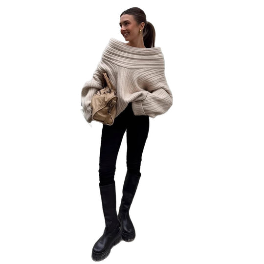 Damen Oversized Grobstrick-Pullover mit Kapuze, tiefem Schulterfall und strukturierter Rippoptik Nord Taschen