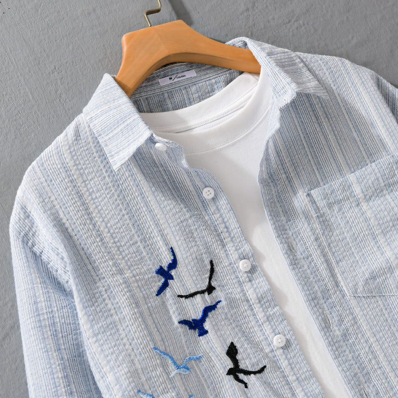 Herren Leichtes gestreiftes Overshirt aus Leinen-Baumwollmix mit Vogelstickerei Nord Taschen