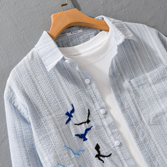 Herren Leichtes gestreiftes Overshirt aus Leinen-Baumwollmix mit Vogelstickerei Nord Taschen