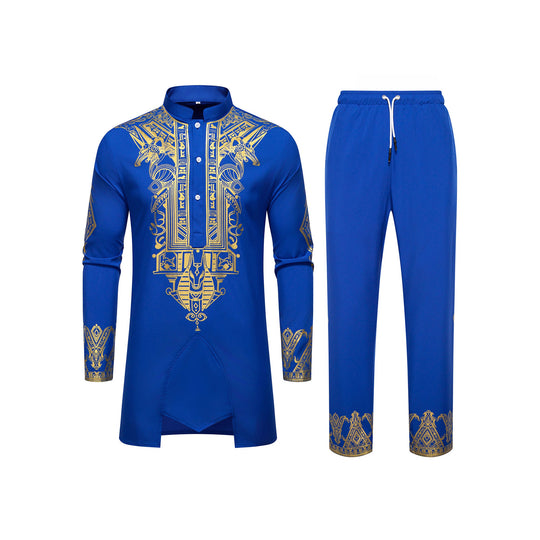 Herren Langes Tunika-Set mit Stehkragen, ägyptischer Goldprint und elastischer Joggerhose Nord Taschen