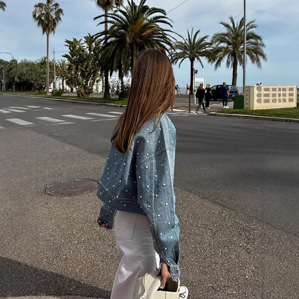 Damen Gekürzte Denim-Jacke mit Perlenbesatz und Oversize-Ärmeln Nord Taschen