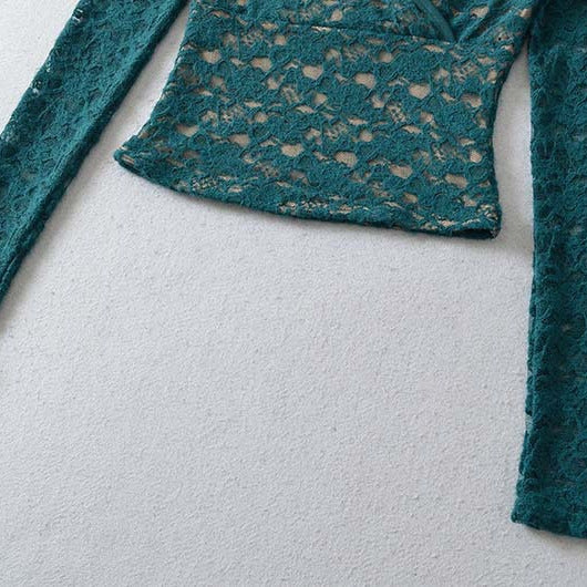 Damen Figurbetontes Spitzentop mit Wickel‑V‑Ausschnitt und langen Ärmeln Nord Taschen