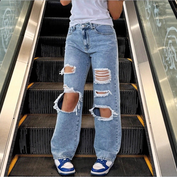 Damen High‑Waist Baggy-Jeans mit großflächigen Knie-Rips und geradem Bein Nord Taschen
