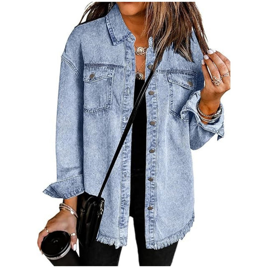 Damen Oversize Jeanshemdjacke mit Fransensaum Nord Taschen