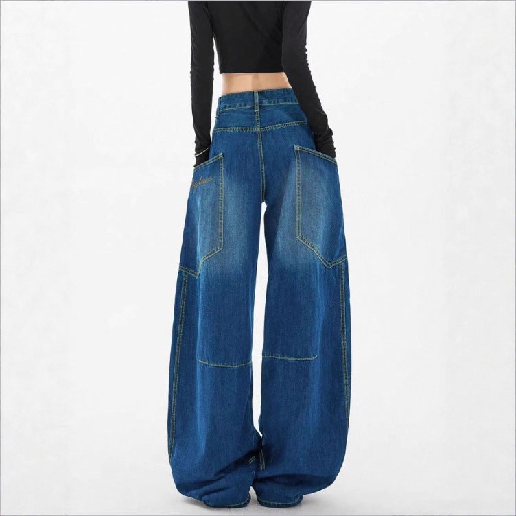 Damen Weite High-Waist Balloon-Jeans mit Utility-Taschen und kontrastierenden Nähten Nord Taschen