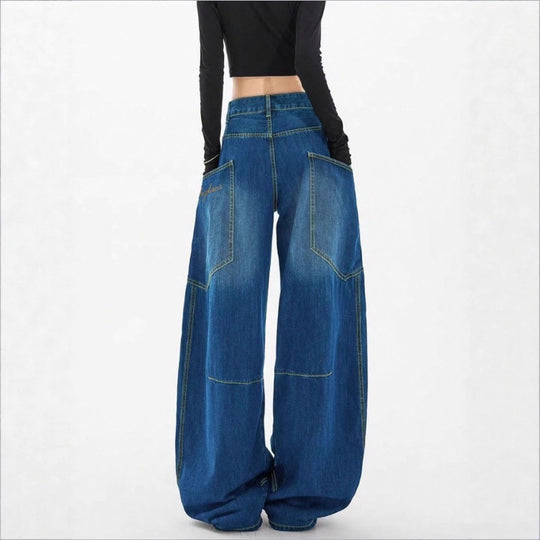 Damen Weite High-Waist Balloon-Jeans mit Utility-Taschen und kontrastierenden Nähten Nord Taschen
