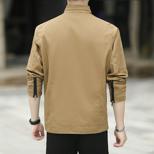 Herren Minimalistische Utility-Übergangsjacke aus Baumwoll-Canvas mit Stehkragen und Reißverschlusstaschen Nord Taschen