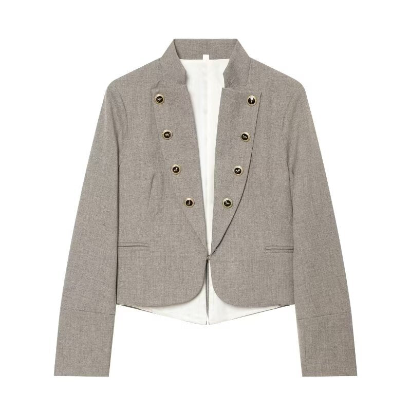 Damen Kurzblazer im Military-Stil mit Stehkragen und dekorativen Knopfreihen Nord Taschen