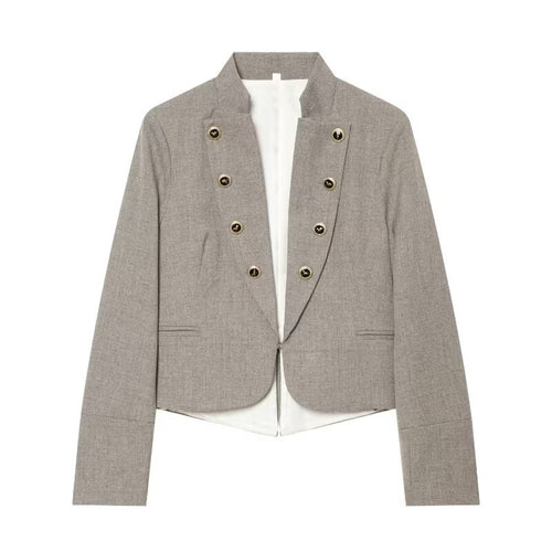 Damen Kurzblazer im Military-Stil mit Stehkragen und dekorativen Knopfreihen Nord Taschen