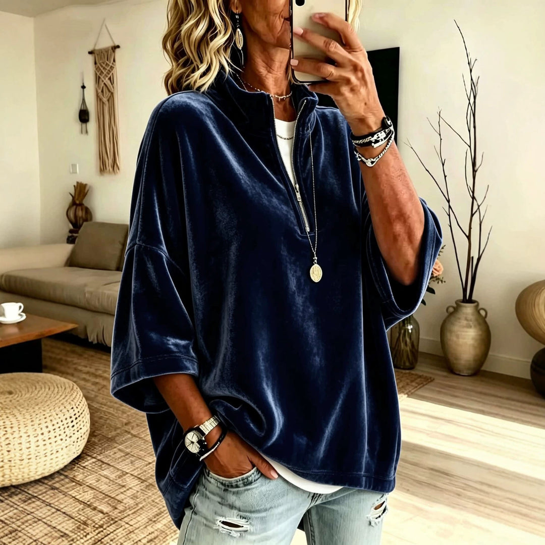 Damen Oversize Samt-Pullover mit kurzem Reißverschluss und Stehkragen Nord Taschen