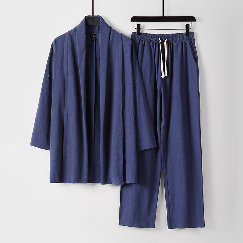 Unisex Lässiges Kimono-Zweiteiler aus atmungsaktivem Leinen-Viskose mit offenem Schalkragen und Kordelbundhose Nord Taschen