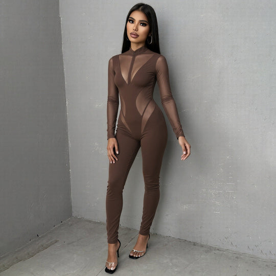 Damen Eleganter Catsuit mit transparenten Einsätzen und hohem Kragen