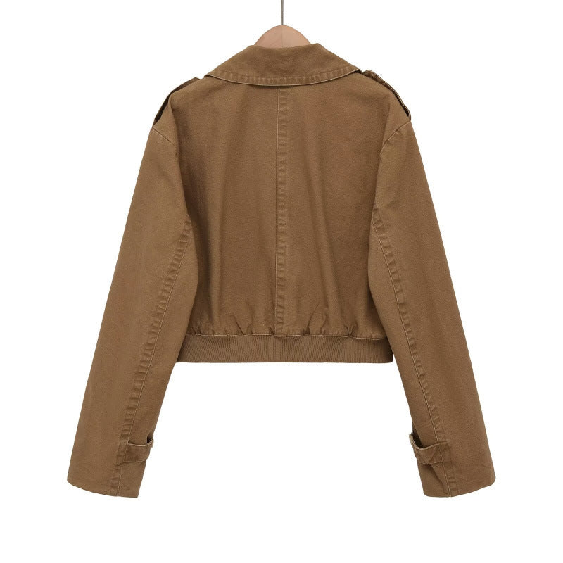 Damen Cropped Trench‑Blousonjacke mit doppelreihiger Knopfleiste, Schulterpatten und elastischem Saum Nord Taschen