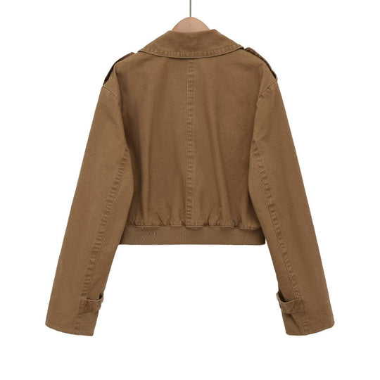 Damen Cropped Trench‑Blousonjacke mit doppelreihiger Knopfleiste, Schulterpatten und elastischem Saum Nord Taschen