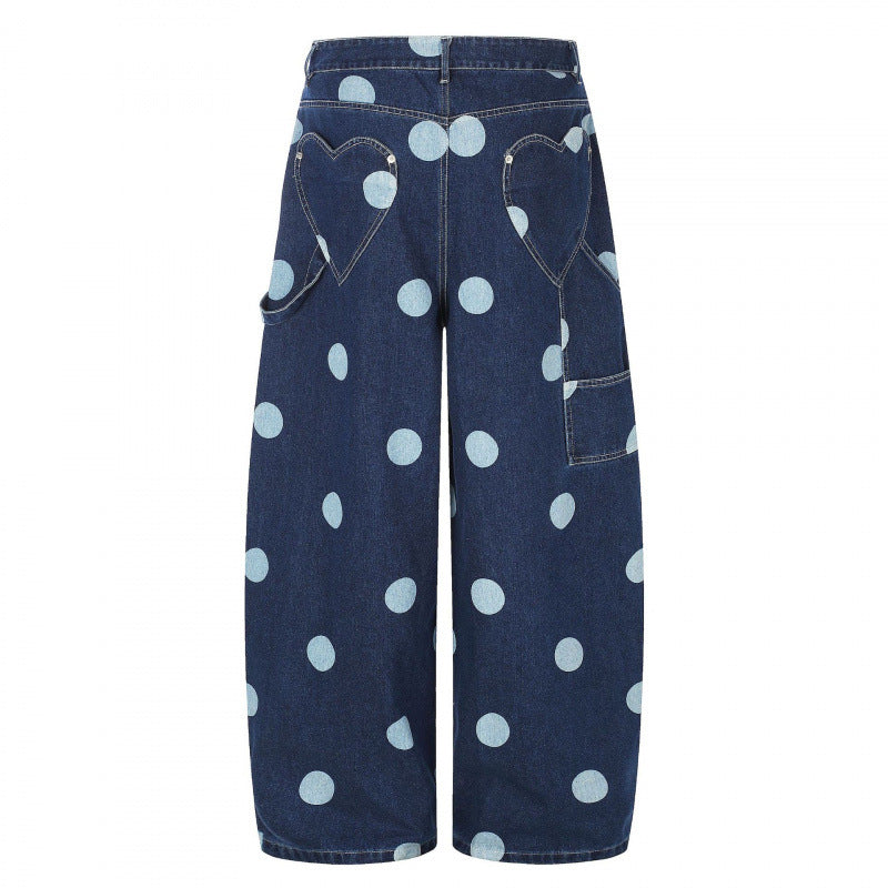 Damen Weite Cropped-Jeans mit hoher Taille, Polka‑Dot‑Print und Carpenter‑Details Nord Taschen