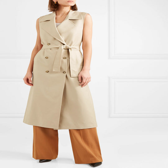 Damen ärmelloser Wickel-Trenchcoat aus Baumwollmix mit doppelreihiger Knopfleiste und Taillengürtel Nord Taschen