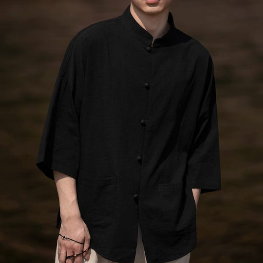 Herren Oversize Hemd im Kimono-Stil aus Leinen-Baumwollmix mit Stehkragen Nord Taschen