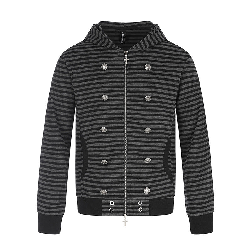 Damen Gestreifte Kapuzen‑Sweatjacke mit dekorativer Doppelreihe, Metall‑Zipper und Kapuze Nord Taschen