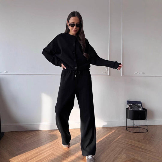 Damen geknöpftes Cropped-Lounge-Set mit Oversize-Cardigan und hochtaillierter Wide-Leg Jogginghose Nord Taschen