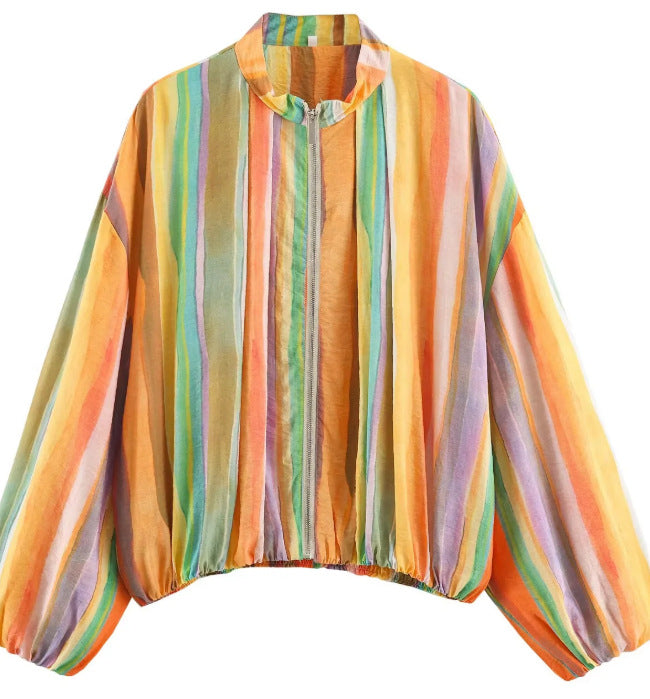 Damen Gestreifte Cropped Blousonjacke mit Stehkragen, Reißverschluss und Ballonärmeln Nord Taschen