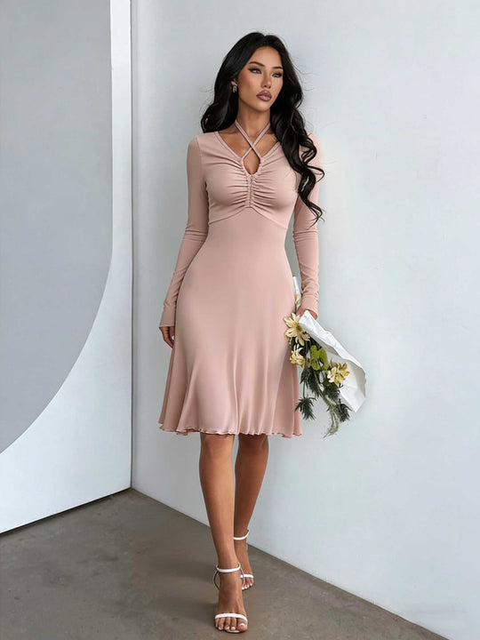 Damen gerafftes A-Linien Midikleid mit gekreuzten Trägern, figurformender Brustpartie und langen Ärmeln Nord Taschen