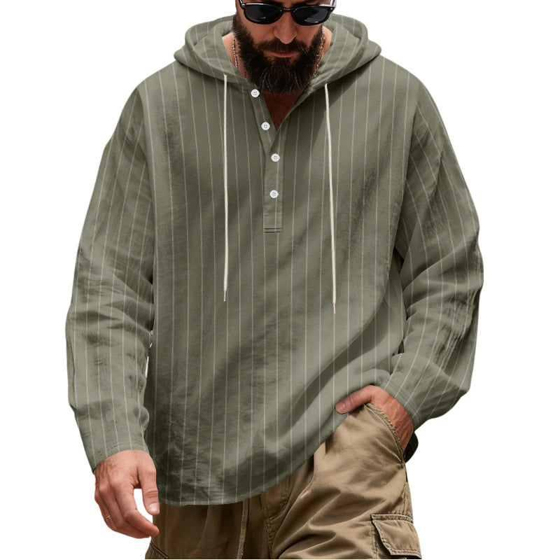 Herren Lässiges Kapuzen-Henleyshirt mit feinen Nadelstreifen und Knopfleiste Nord Taschen