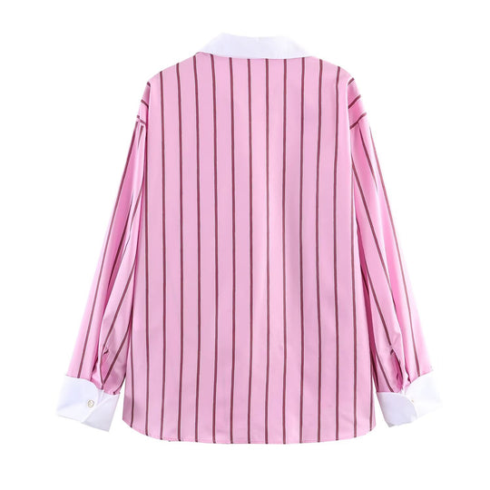 Damen Oversize-Hemdbluse mit Kontrastkragen, Manschetten und vertikalem Streifenmuster Nord Taschen