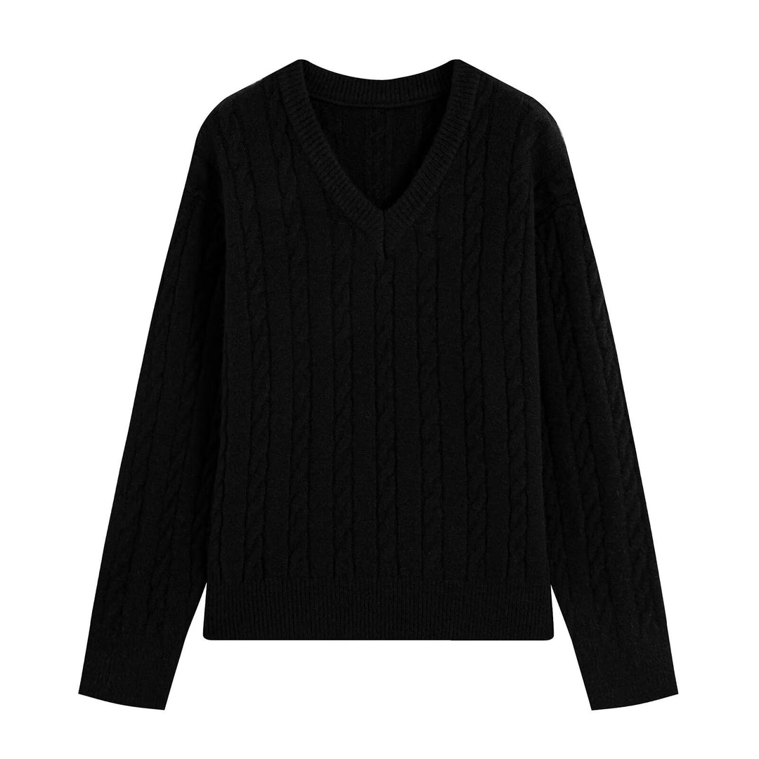 Damen Oversize Zopfmuster-Pullover mit V-Ausschnitt und breitem Rippbündchen Nord Taschen