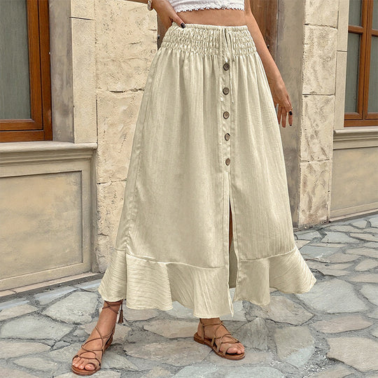 Damen Sommerlicher Maxirock mit Smockbund, durchgehender Knopfleiste, Seitenschlitz und Volant Nord Taschen